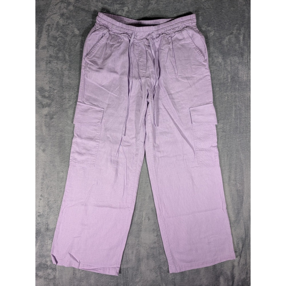 Blue Sol Womens Med Lavender Linen Blend Wide Leg Cargo Pants Purple Drawstring